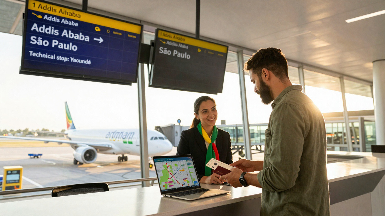Homem apresenta passaporte no balcão de check-in com funcionária sorridente, avião e ecrãs de voo ao fundo.