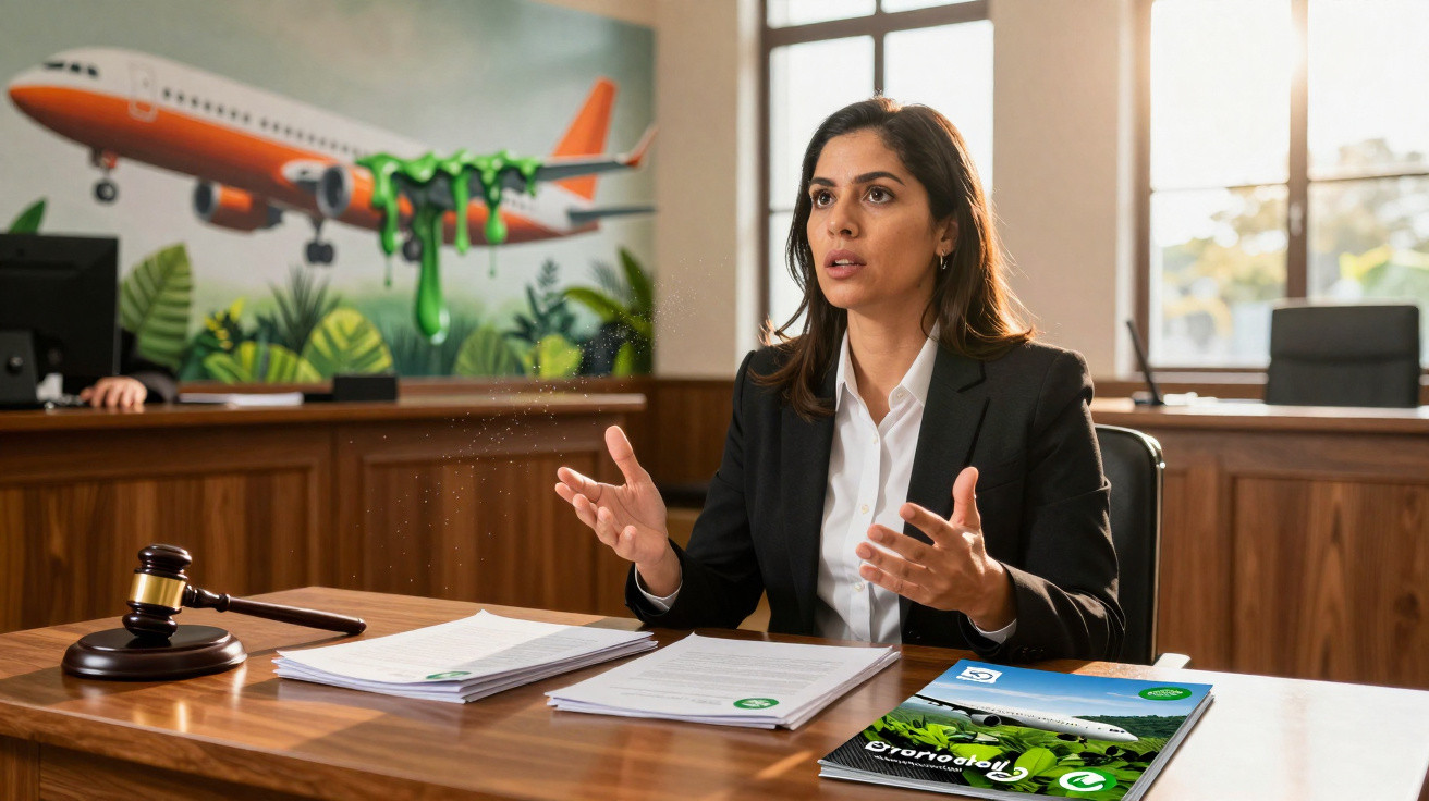 Mulher a falar em tribunal com martelo de juiz sobre a mesa e pintura de avião a voar num cenário natural.