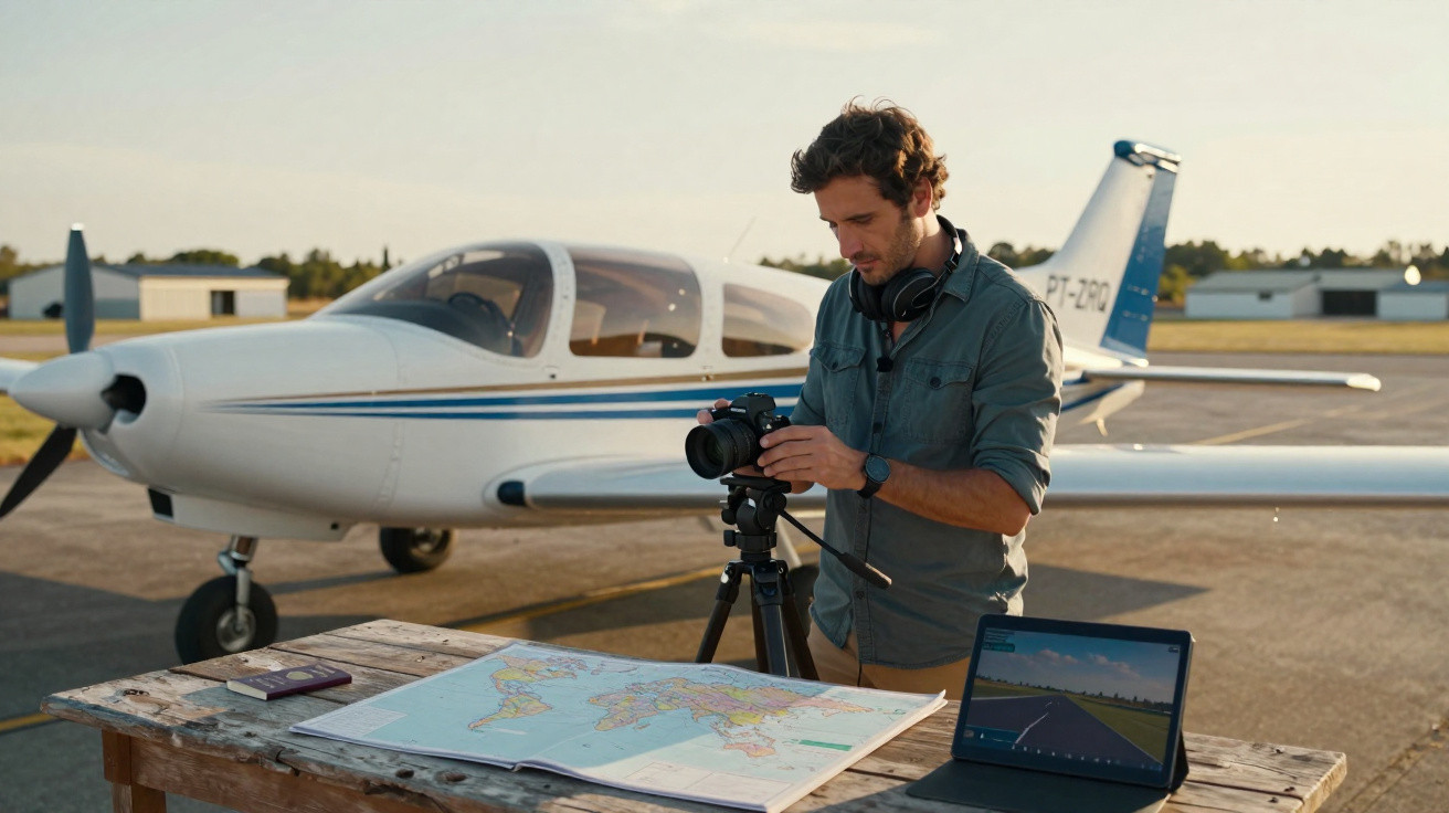 Homem prepara câmaras junto a um avião pequeno, com mapa e computador portátil numa mesa ao ar livre.
