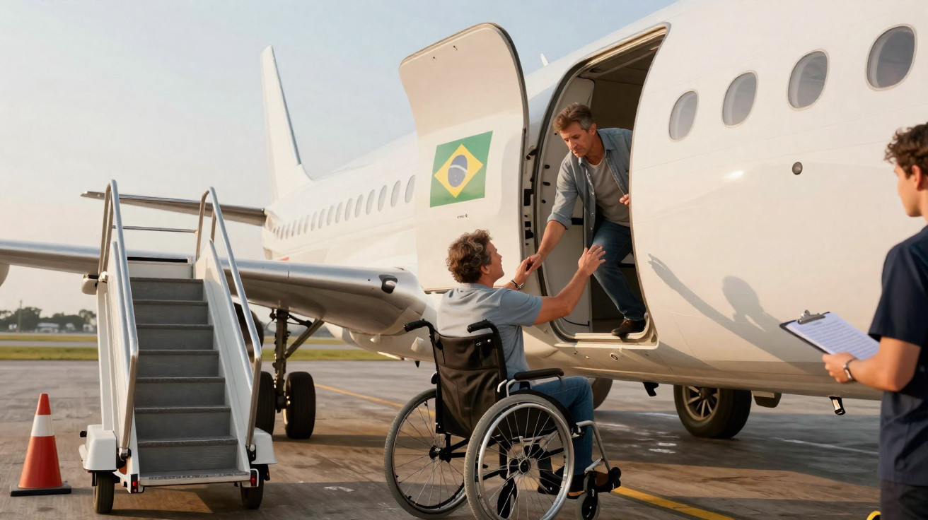 Homem em cadeira de rodas a ser ajudado a entrar num avião branco com bandeira do Brasil.