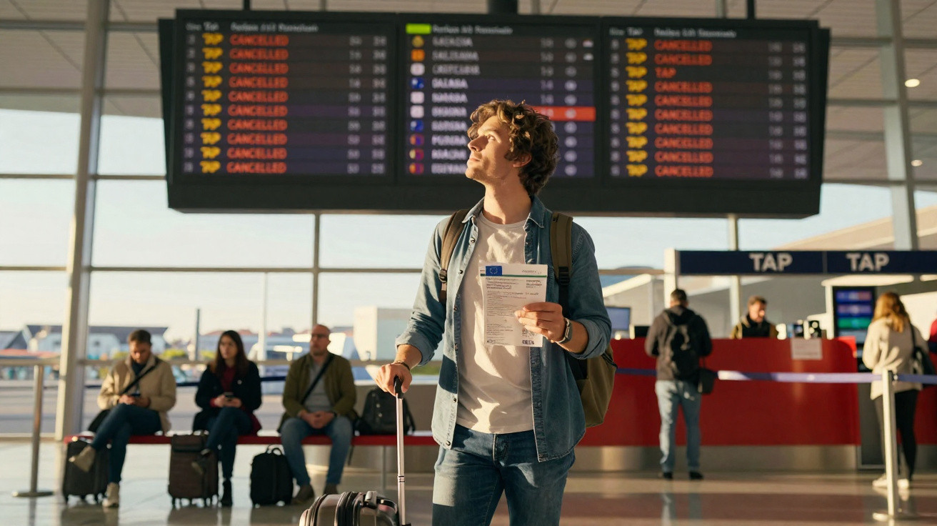 Homem com mala e documento observa painel de voos cancelados num aeroporto durante o dia.