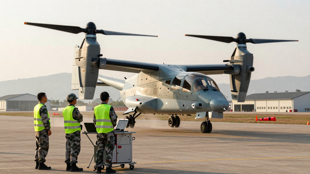 Três militares com coletes refletores observam um avião tiltrotor estacionado numa pista de aeroporto militar.