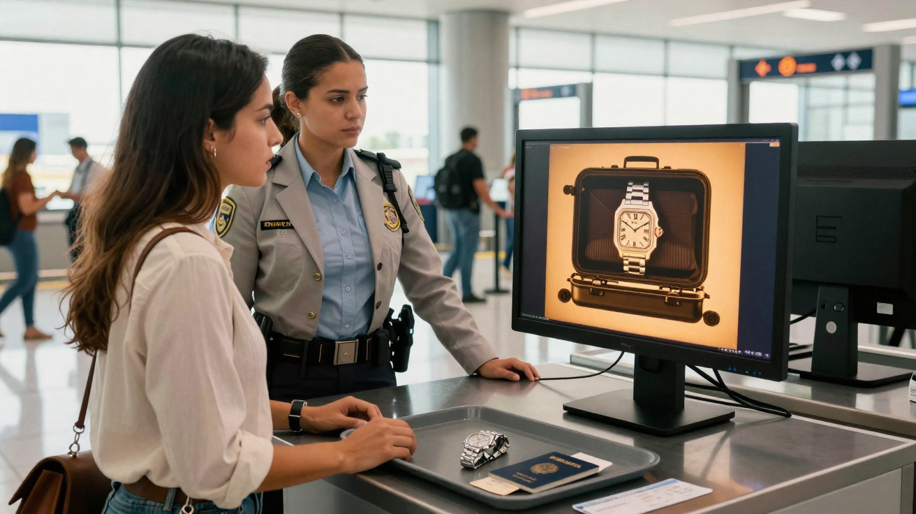 Mulher e agente de segurança inspecionam relógio num ecrã no controlo de segurança do aeroporto.