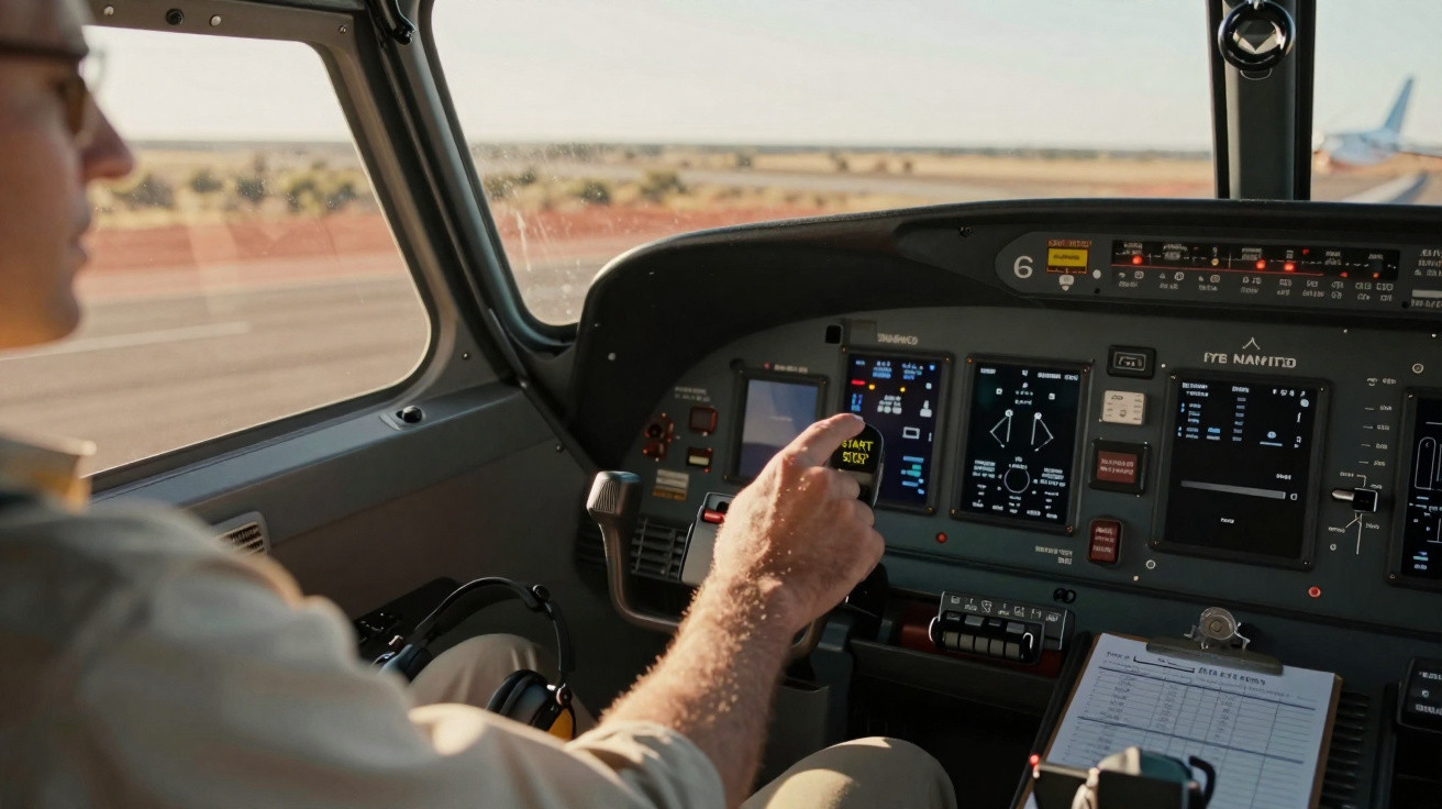 Piloto no cockpit de um avião a apontar para os instrumentos digitais no painel de controlo.