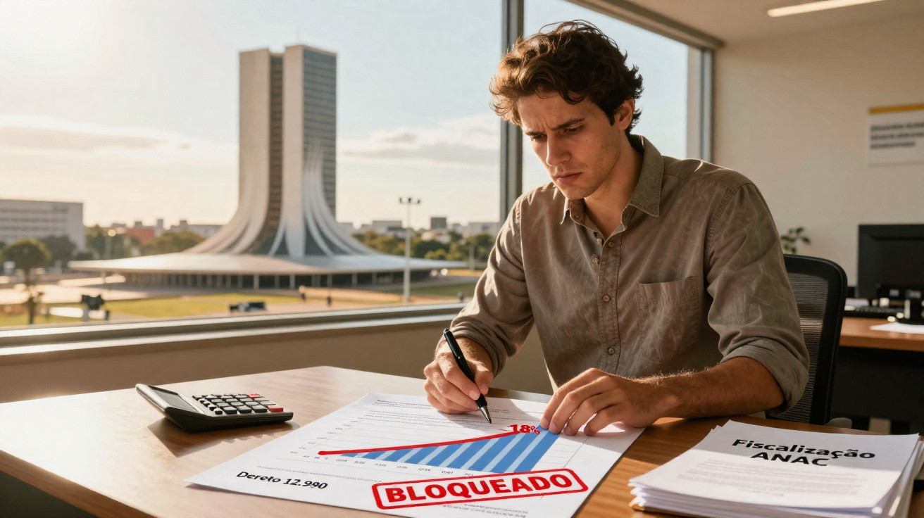 Homem a analisar gráfico com carimbo "BLOQUEADO" numa mesa junto a documentos e calculadora.