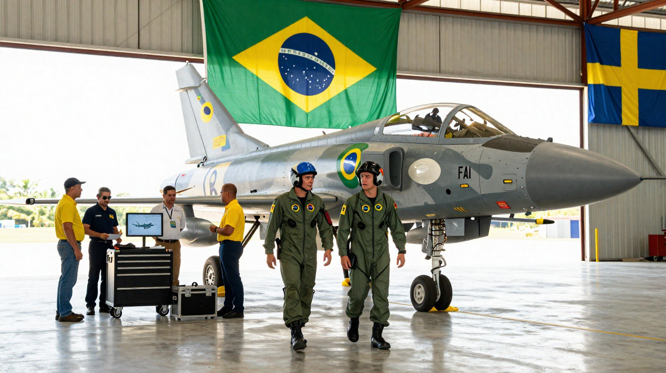 Dois pilotos em fato verde caminham em frente a um avião de caça com bandeiras do Brasil e da Suécia ao fundo.