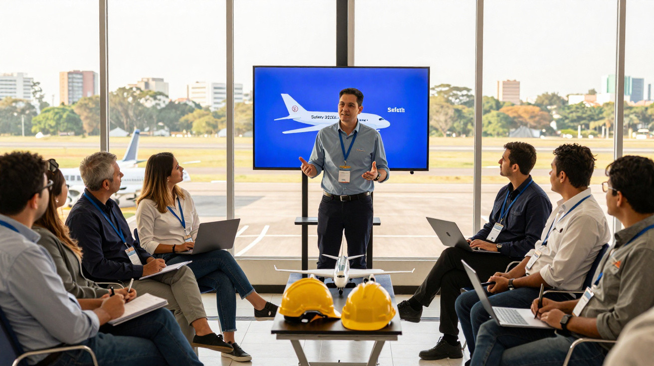 Reunião de equipa em ambiente aeroportuário com apresentação sobre avião e capacetes de segurança na mesa.