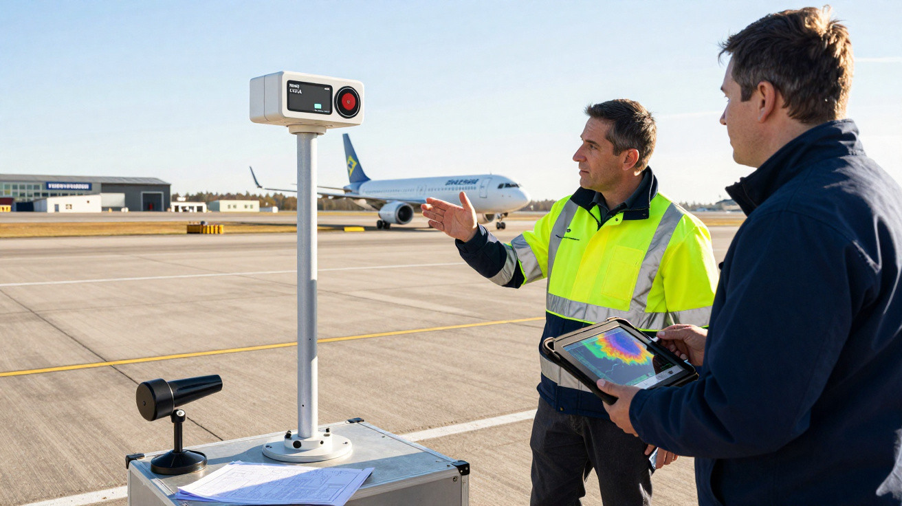 Dois técnicos com equipamento de monitorização no aeroporto e avião a taxiar na pista ao fundo.
