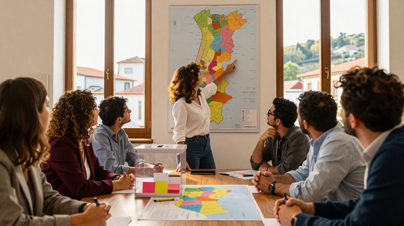 Pessoa a apontar mapa enquanto grupo atento participa de reunião numa sala com janelas grandes.