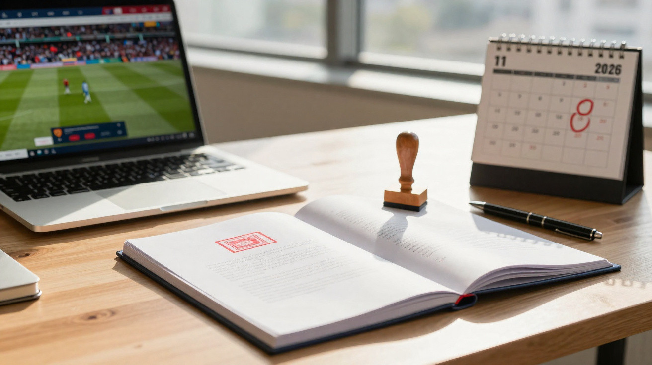Mesa com livro aberto carimbado, carimbo de madeira, caneta, calendário marcado e computador portátil a transmitir jogo de fu