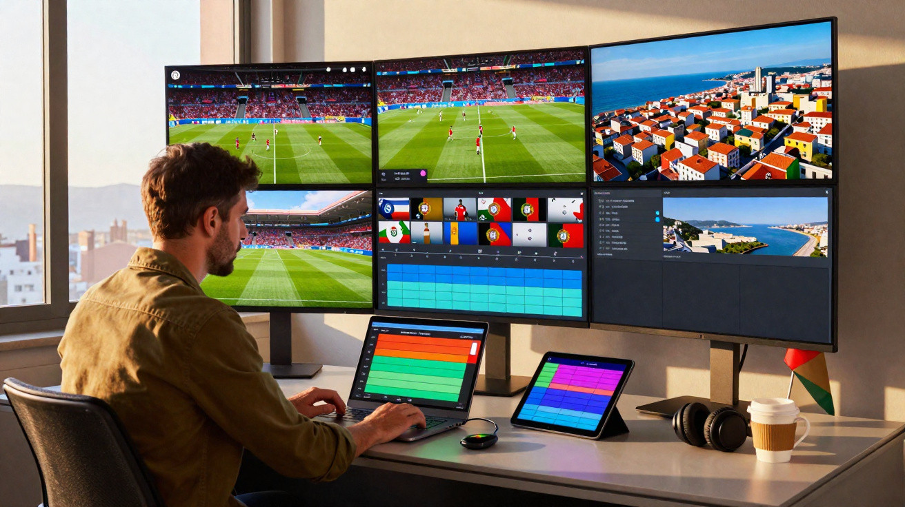Homem a trabalhar com múltiplos ecrãs a mostrar jogos de futebol, gráficos e imagens aéreas numa sala iluminada.