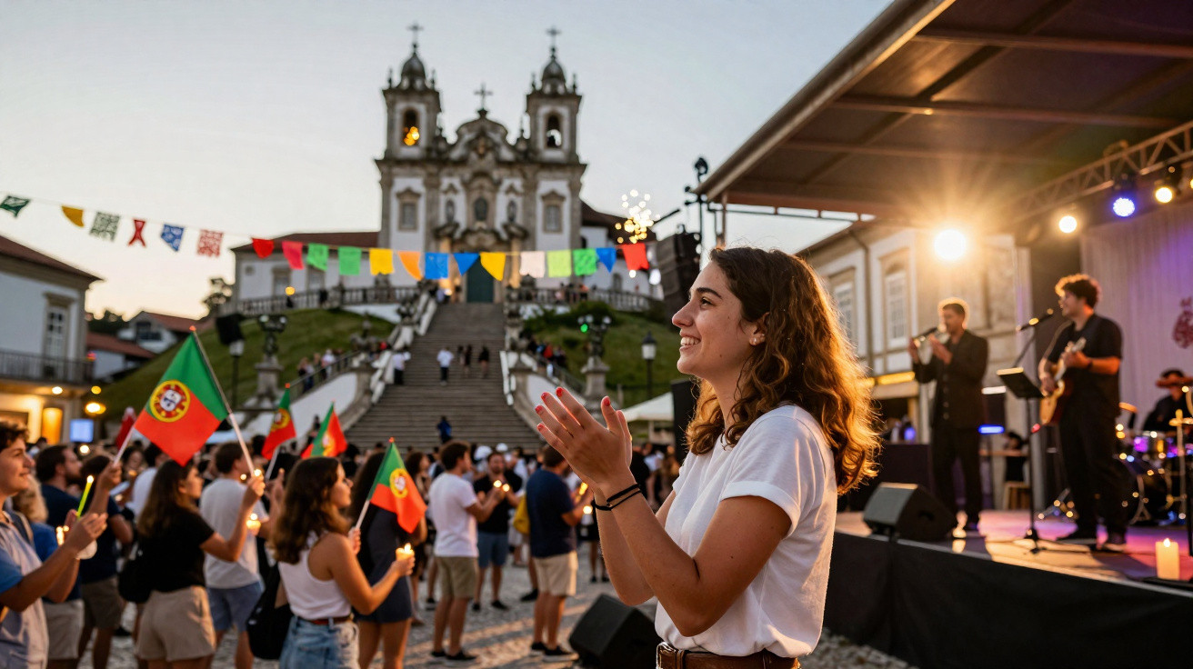 Multidão numa festa ao ar livre em frente a igreja histórica com pessoas aplaudindo e bandeiras de Portugal.