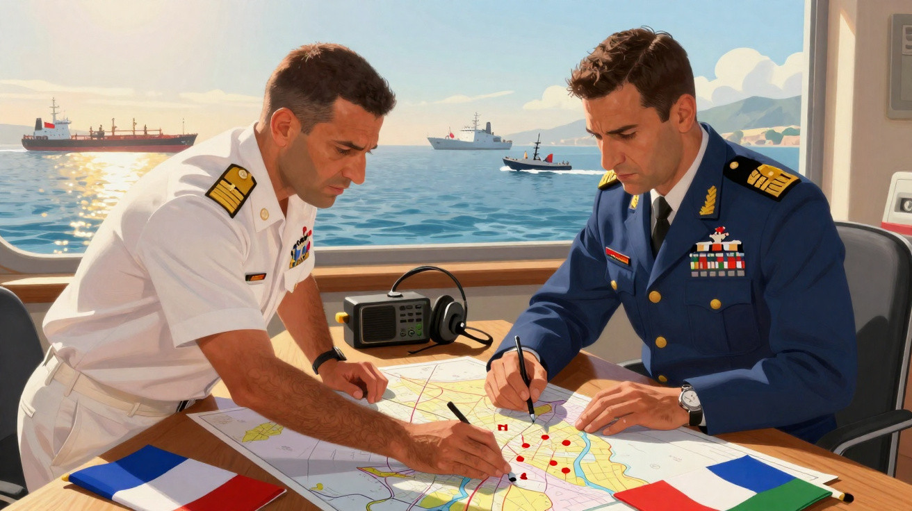 Dois oficiais militares a analisar mapas numa cabina com vista para o mar e vários navios ao fundo.