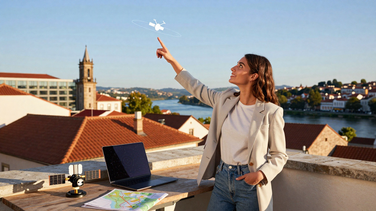Mulher aponta para um ícone de satélite voando, com mapa e portátil sobre mesa ao ar livre.