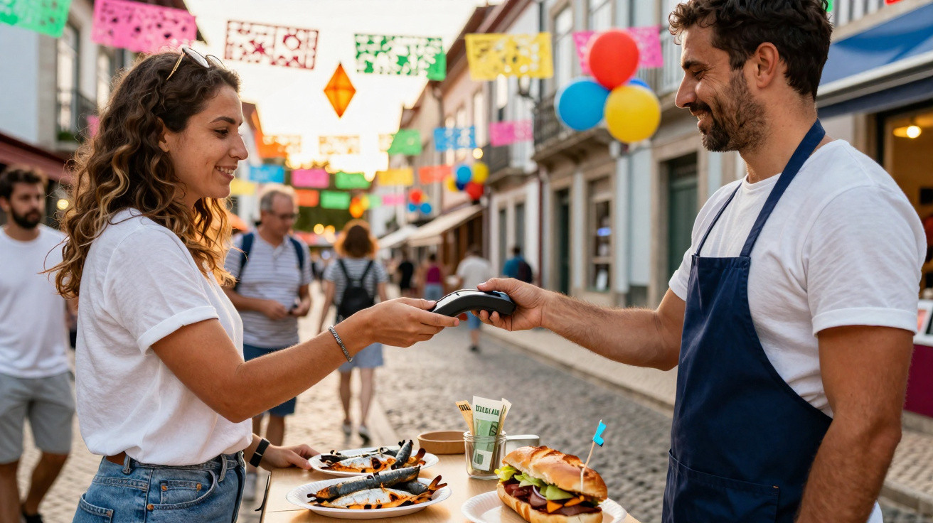 Mulher a pagar com cartão num festival de rua a vendedor com aperitivos e decoração colorida ao fundo.