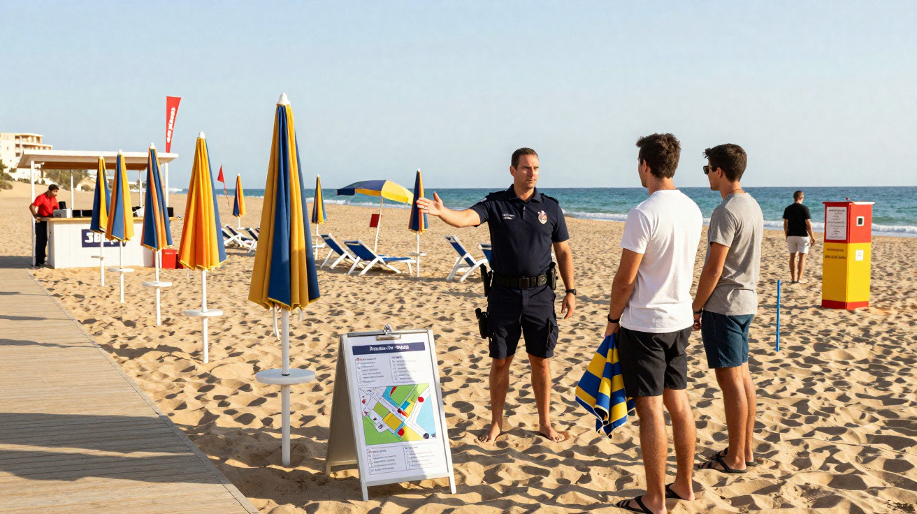 Polícia alerta dois jovens na praia com guarda-sóis fechados e sol na areia junto ao mar.