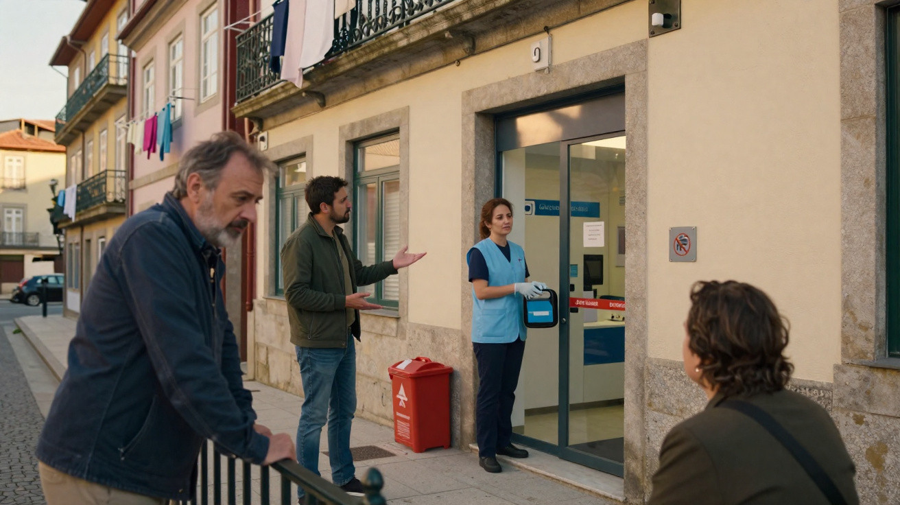 Quatro pessoas conversam numa rua em frente à entrada de um edifício com sinais de proibição.