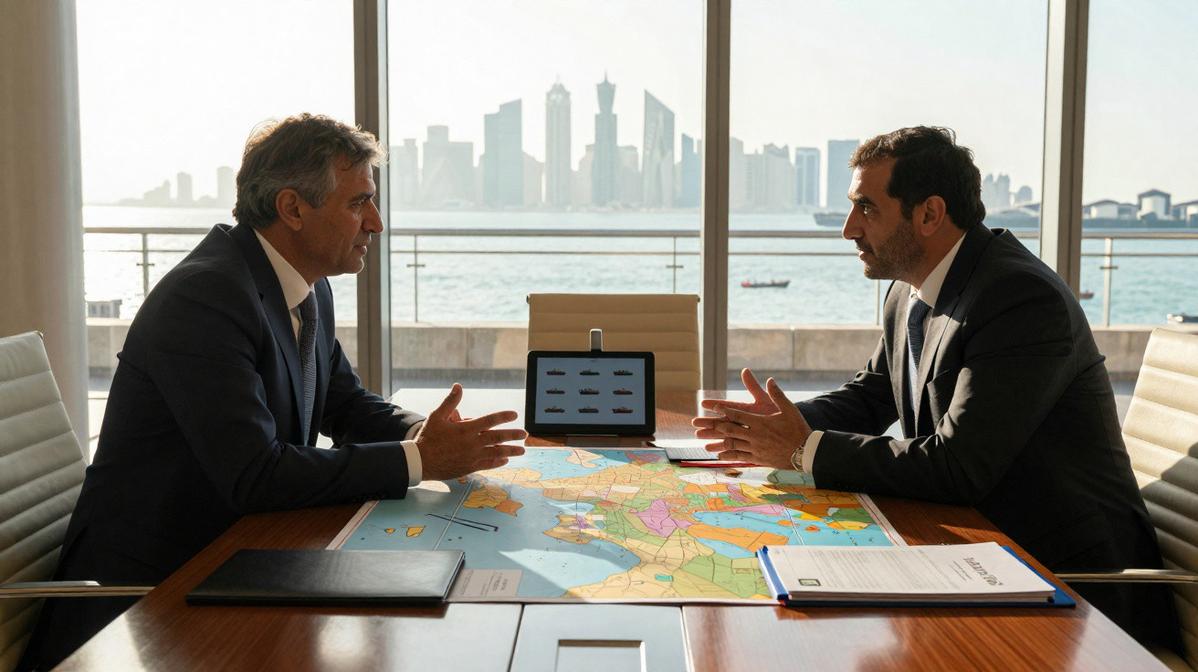 Dois homens em fato sentados em frente de uma mesa com um mapa, discutindo numa sala com vista para a cidade.