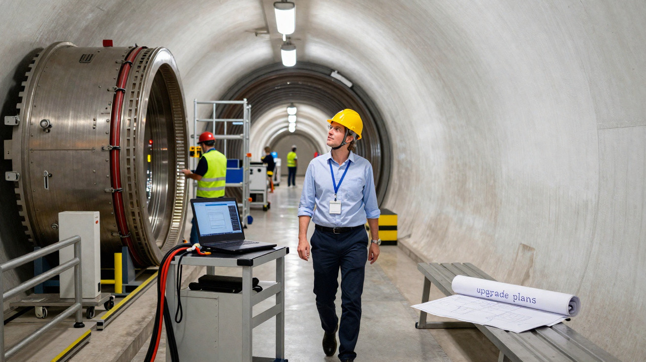 Engenheiro com capacete amarelo inspeciona equipamento em túnel industrial com trabalhadores ao fundo.