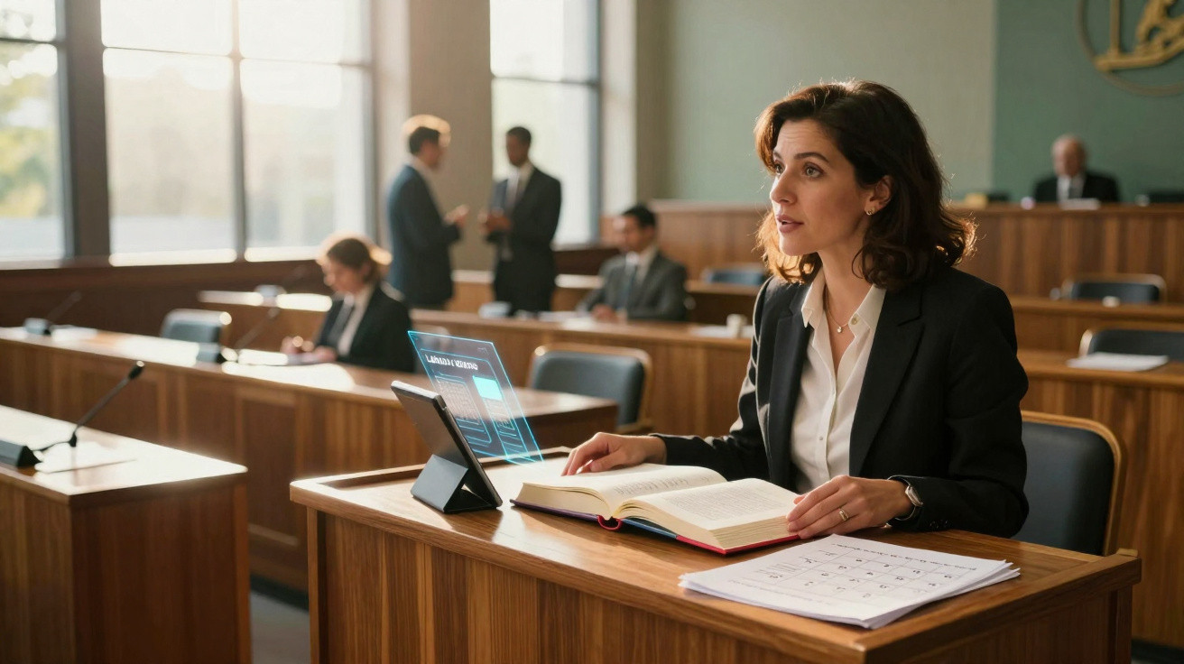 Mulher sentada numa sala de tribunal, a estudar um livro com documentos e tablet à sua frente.