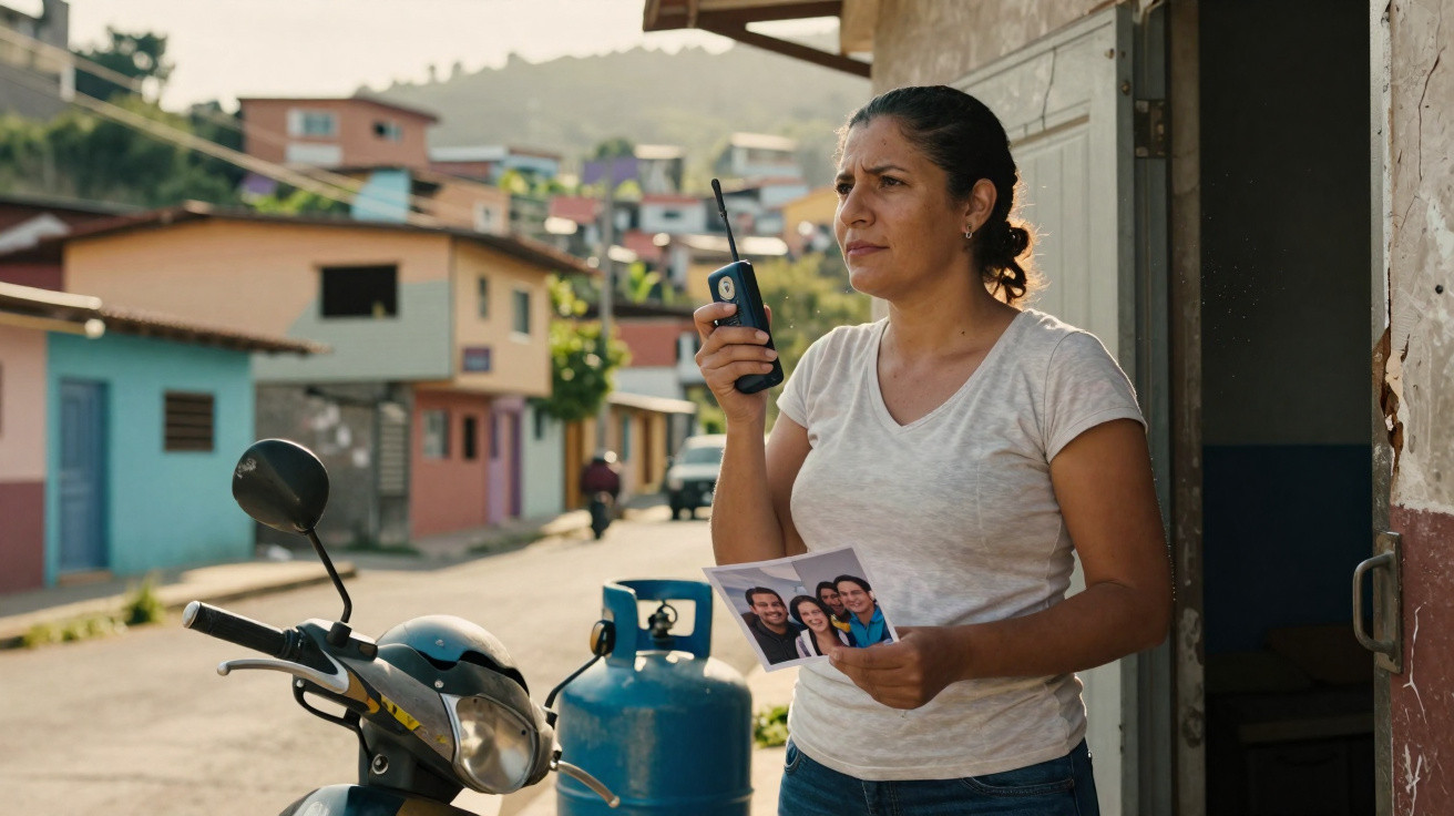 Mulher segura rádio e foto de família, ao lado de mota e botija de gás, numa rua com casas coloridas.