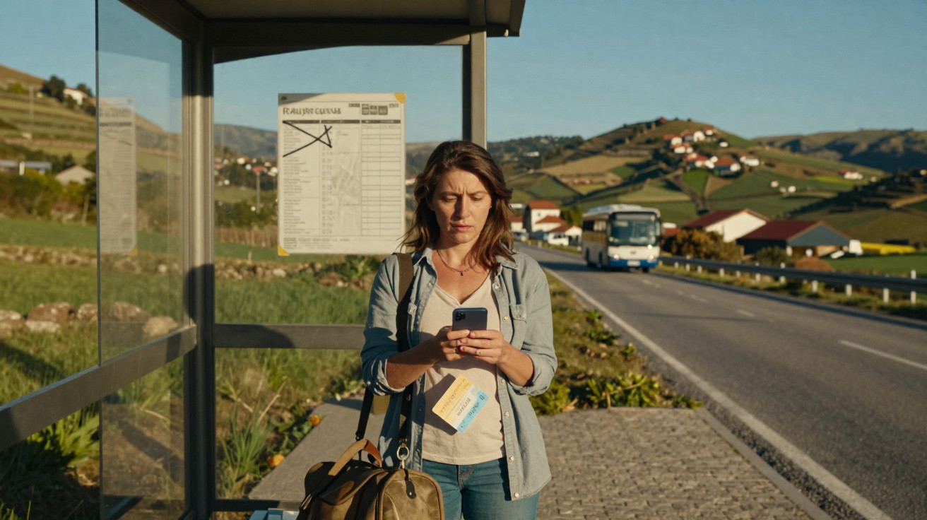 Mulher à espera de autocarro numa paragem rural, com bilhete e mala, a consultar o telemóvel.