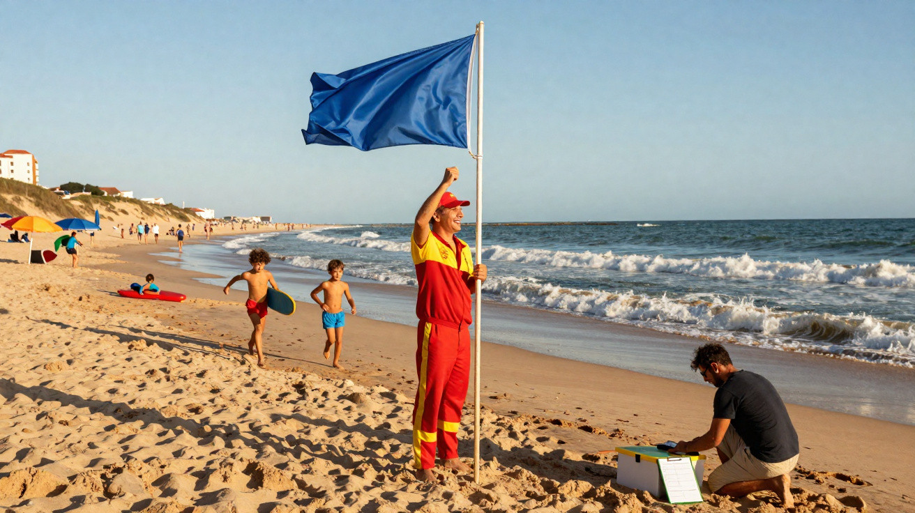Salvador da praia com uniforme vermelho e amarelo segura bandeira azul enquanto crianças brincam na areia.