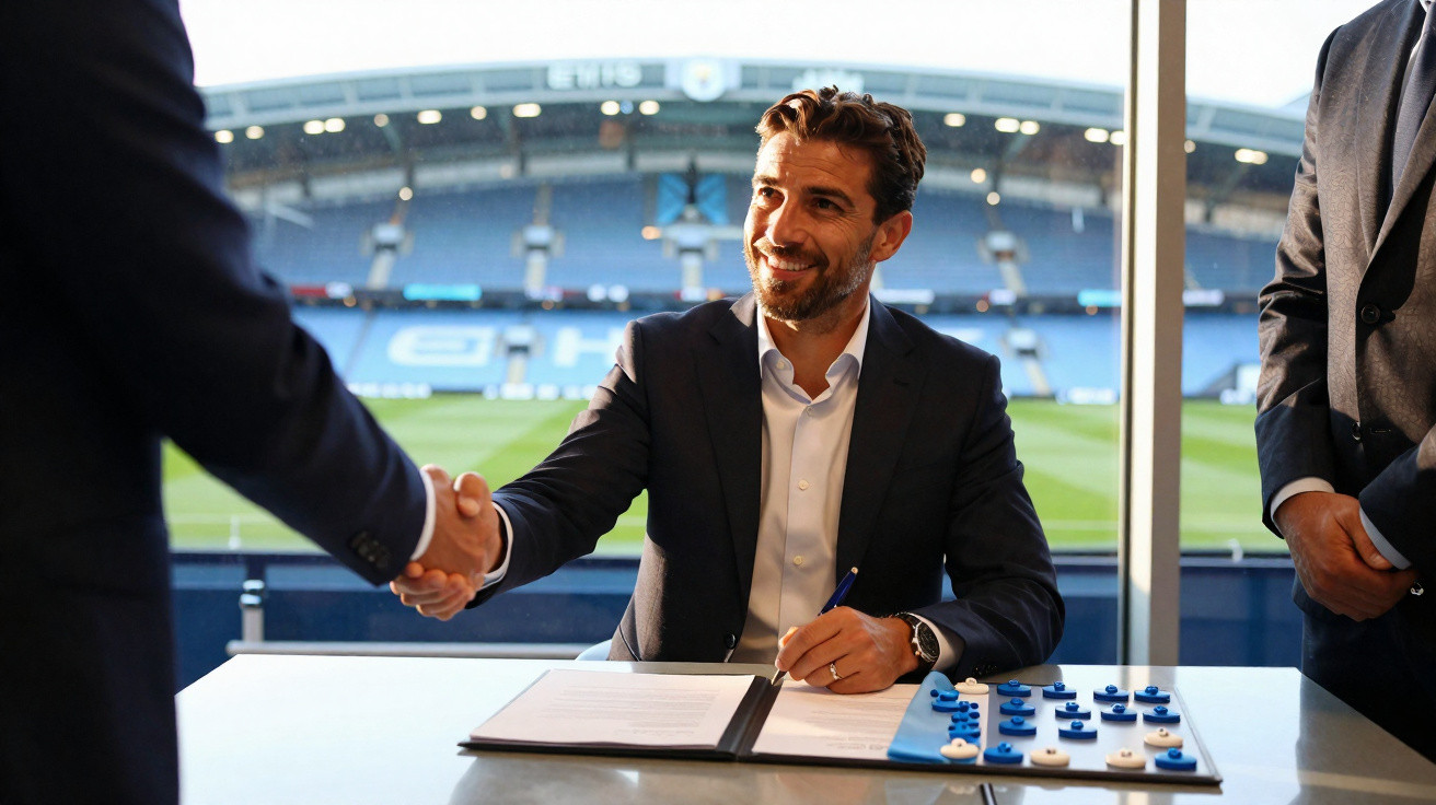 Homem sorridente de fato assina contrato e cumprimenta outra pessoa num estádio de futebol.
