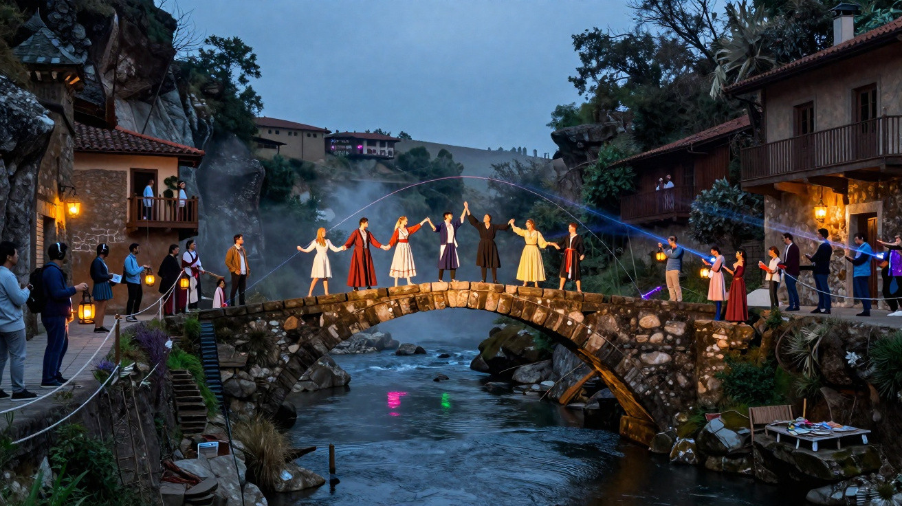 Pessoas vestidas de época em ponte de pedra sobre rio, com lanternas e espetáculo ao entardecer.
