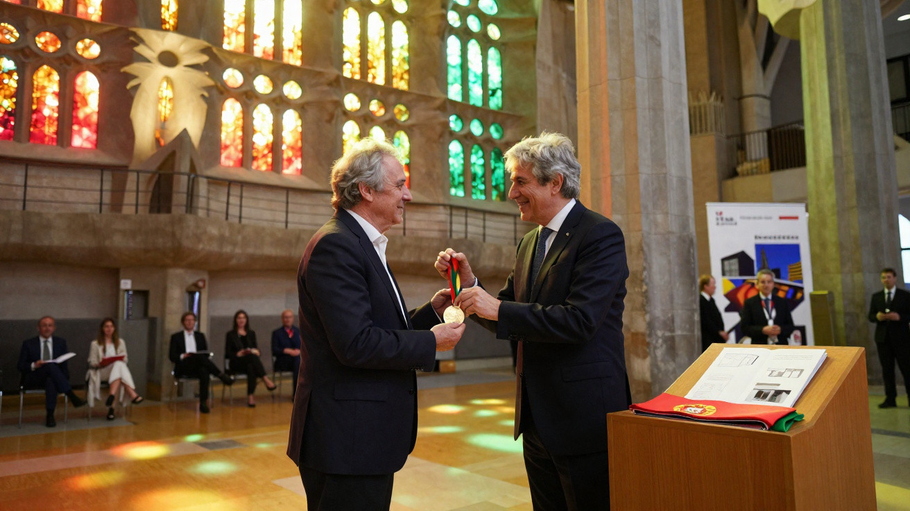 Dois homens em fato, um a entregar uma medalha ao outro numa cerimónia numa sala com vitrais coloridos.