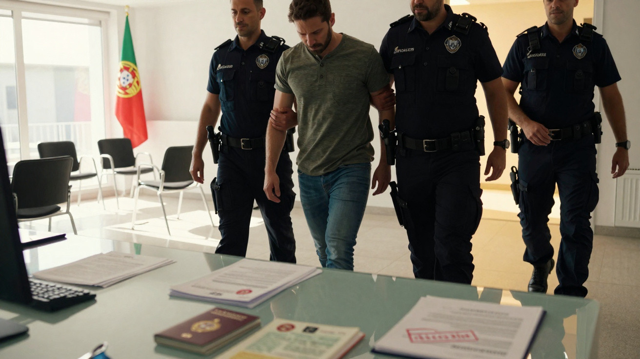Homem detido por três polícias numa sala com bandeira de Portugal ao fundo e secretária com documentos.