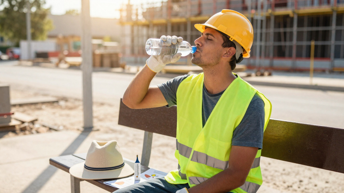 Trabalhador de construção civil com colete e capacete amarelo a beber água sentado num banco junto a um estaleiro.