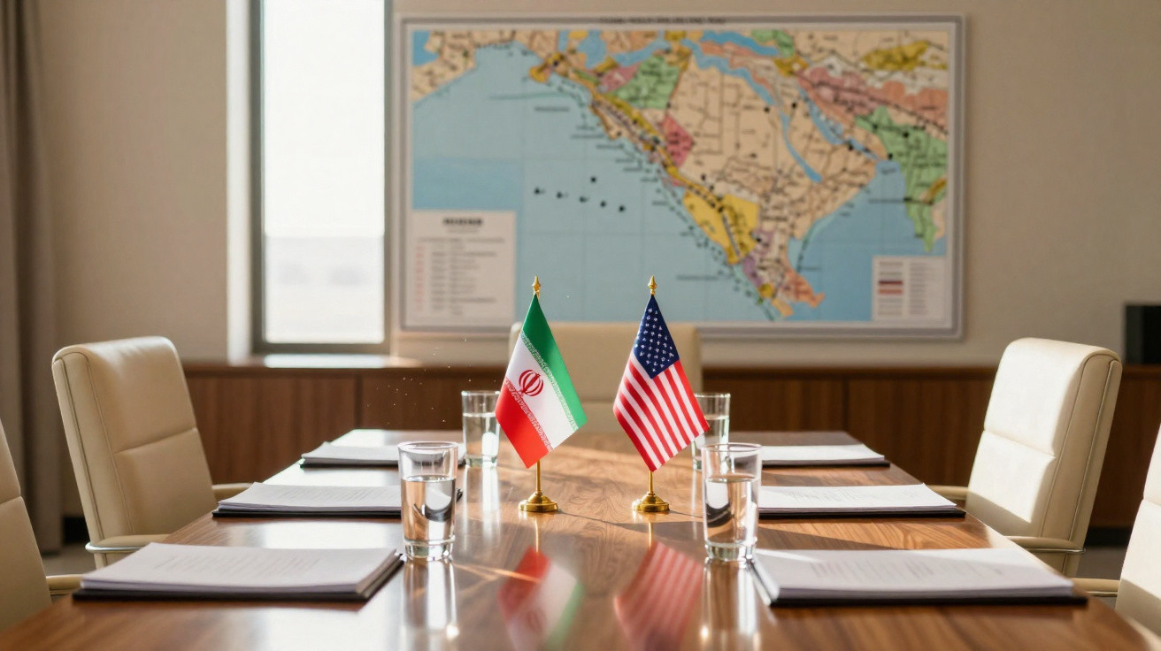 Sala de reuniões com bandeiras do Irão e Estados Unidos num centro da mesa com mapas ao fundo.