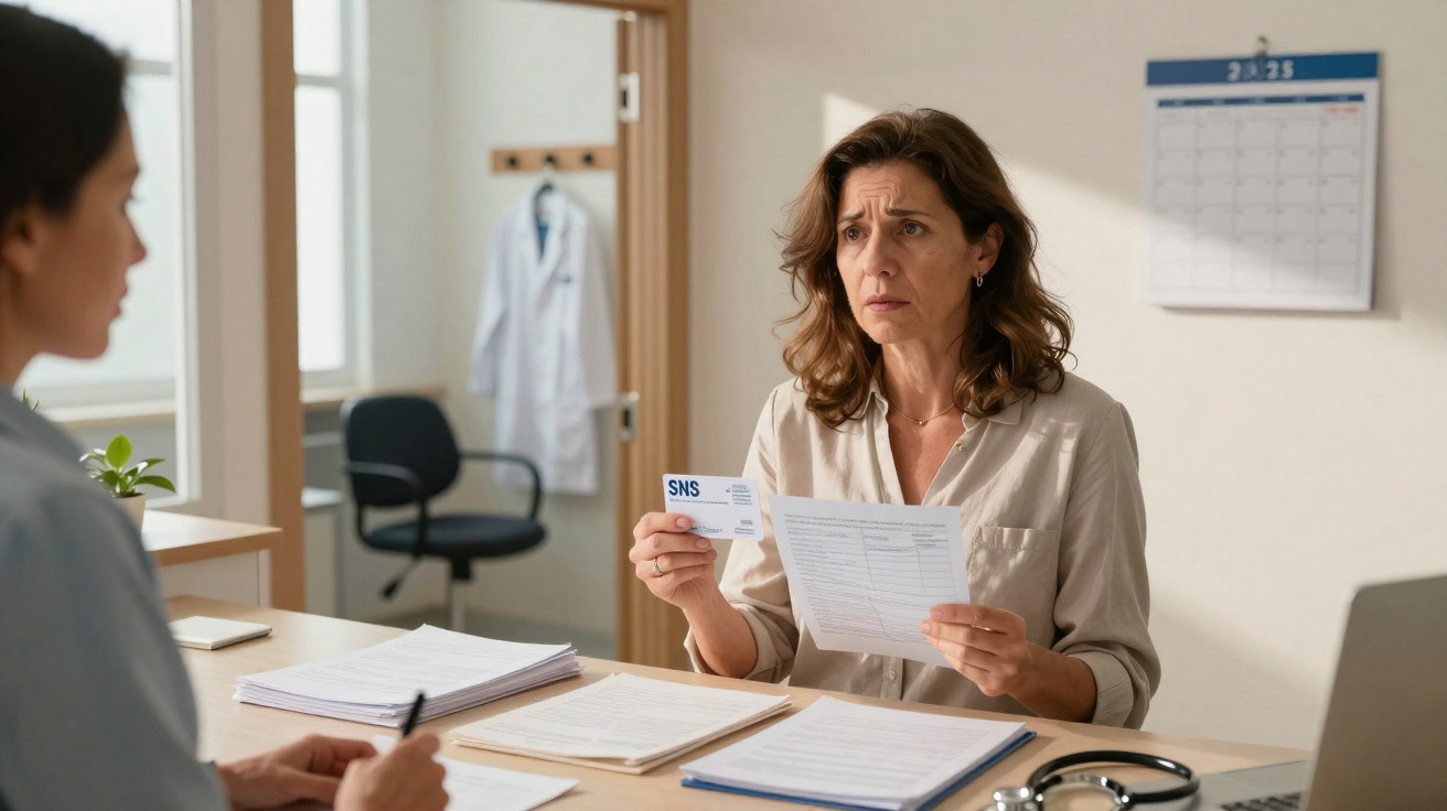 Mulher preocupada mostra cartão do SNS e documento a profissional de saúde num consultório médico.