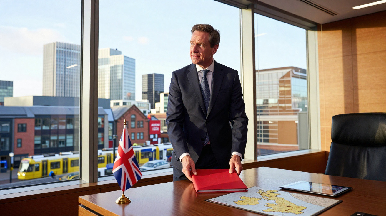 Homem de fato junto a secretária com bandeira do Reino Unido, livro vermelho e mapa do Reino Unido.