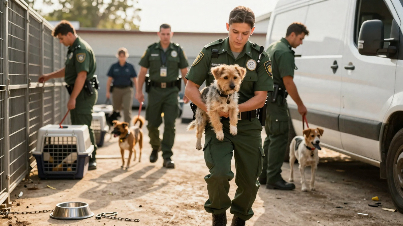 Agentes com uniformes verdes são responsáveis por cães de abrigo em espaço ao ar livre.