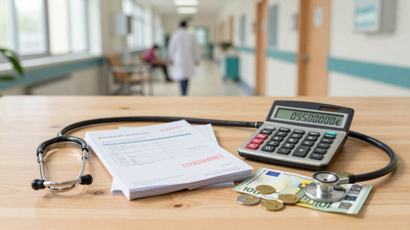 Estetoscópio, calculadora, documentos de despesas médicas e moedas sobre mesa em corredor hospitalar.