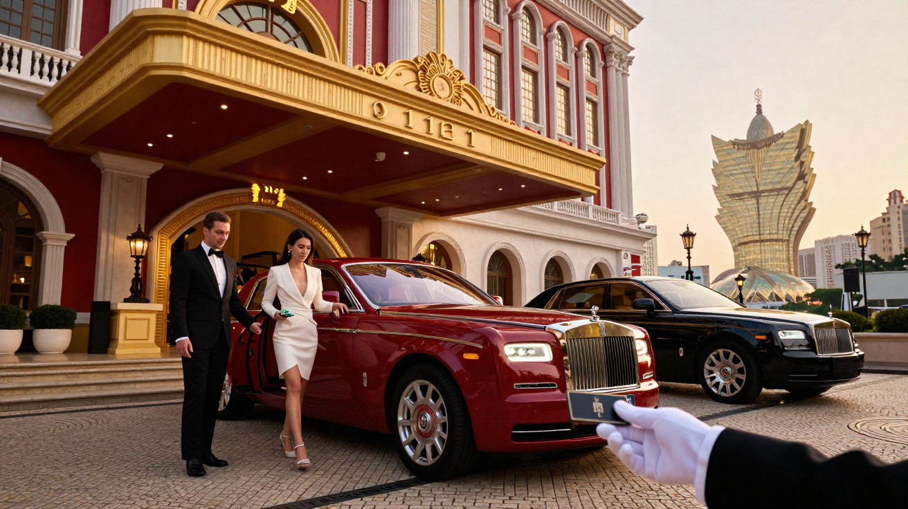 Casal elegante a sair de Rolls-Royce vermelho em frente a hotel luxuoso com Rolls-Royce preto estacionado.