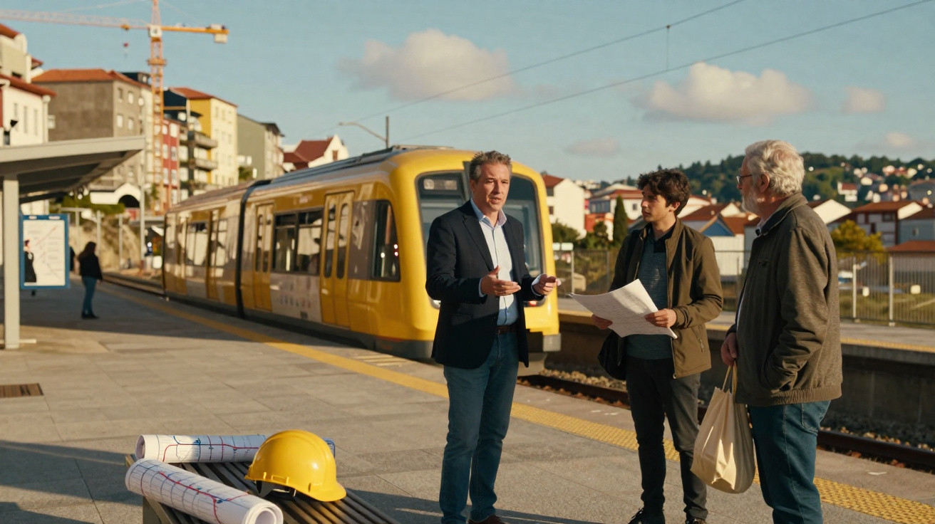 Três homens discutem planos numa plataforma de comboio com um comboio amarelo ao fundo e capacete de obra no banco.