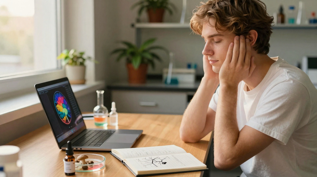 Jovem sentado à mesa com portátil e caderno, visivelmente cansado e com as mãos no rosto.