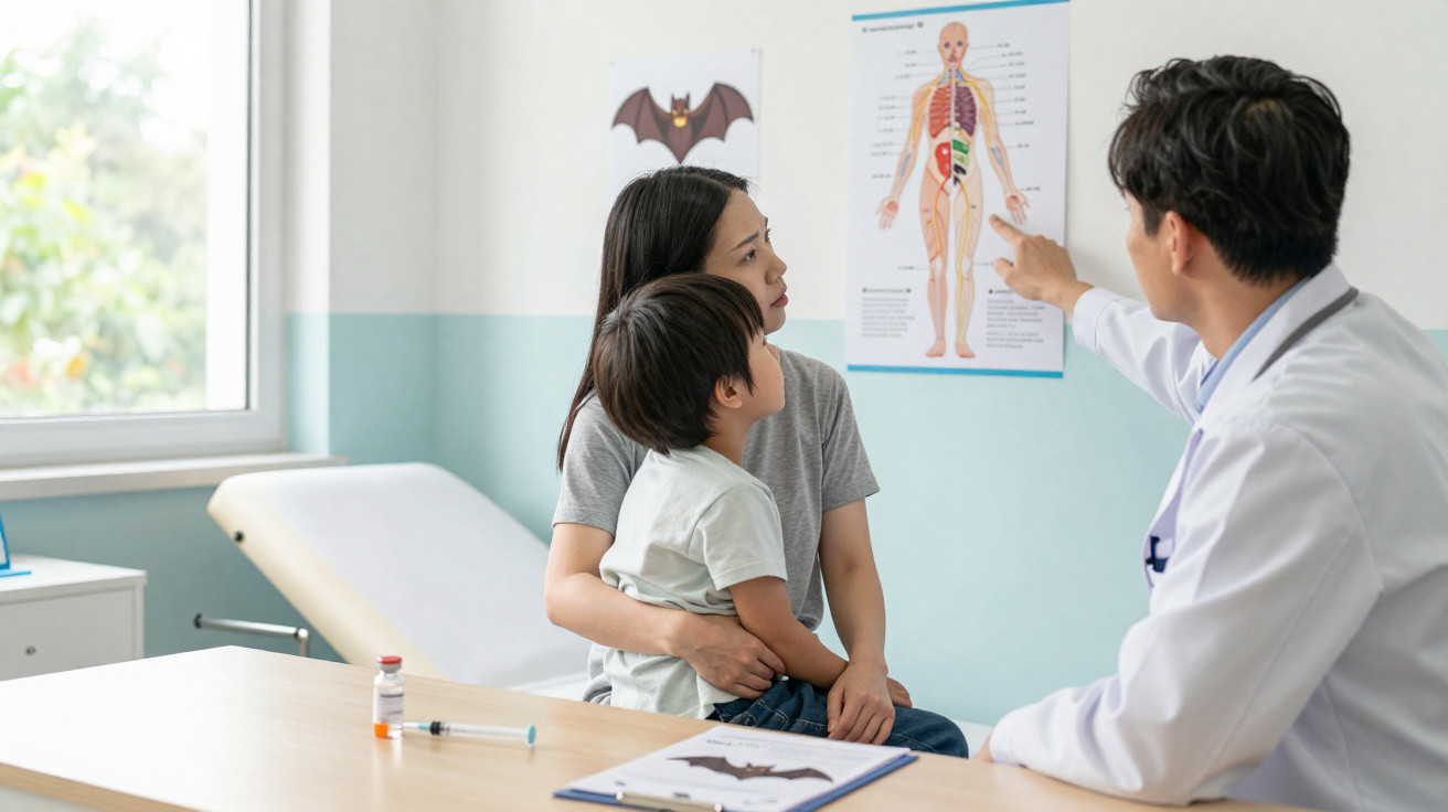 Médico explica anatomia a criança no colo da mãe numa sala de consulta pediátrica.