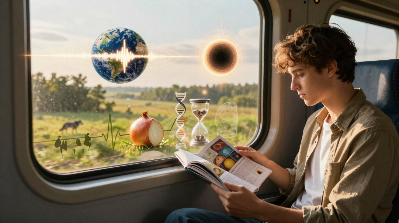Jovem lê livro no comboio com imagens holográficas de terra, ADN, relógio de areia e buraco negro na janela.