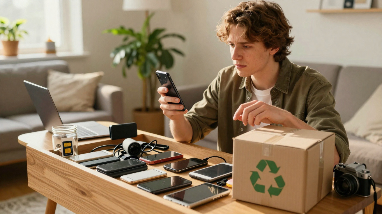 Jovem sentado numa mesa com vários dispositivos eletrónicos para reciclar, ao lado de uma caixa com símbolo de reciclagem.