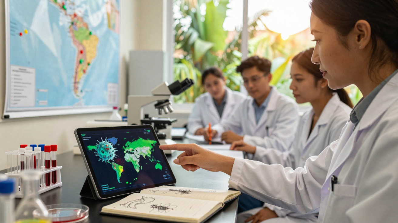 Cientistas em laboratório analisam mapa digital do coronavírus mundial em tablet durante estudo coletivo.