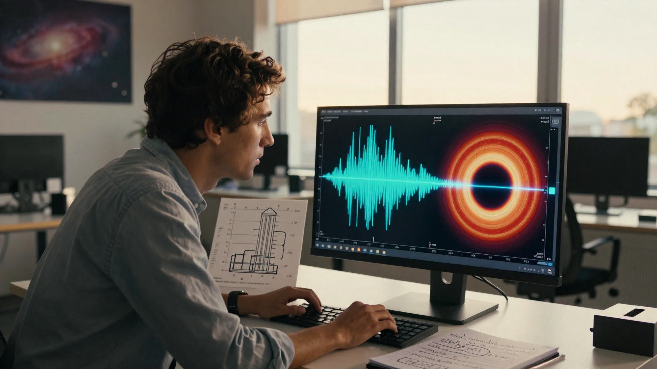 Homem a analisar gráficos científicos num ecrã de computador num escritório moderno.
