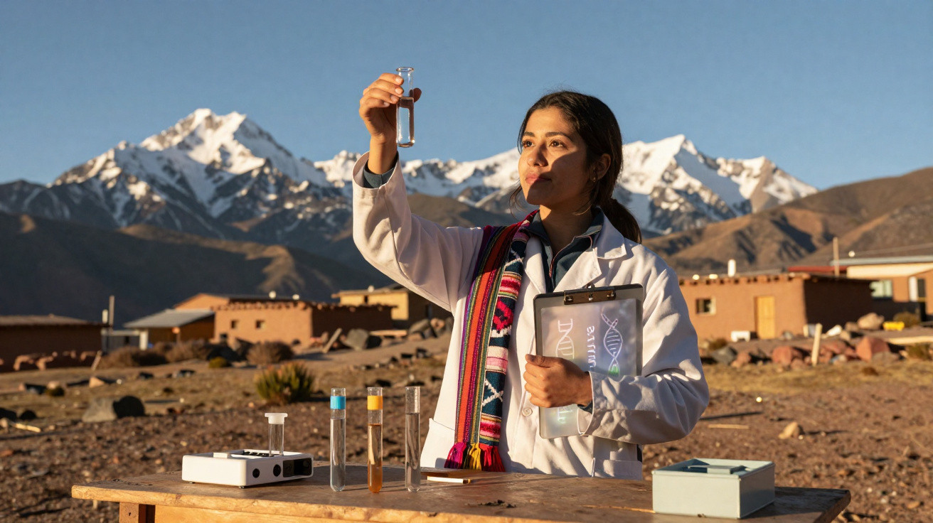 Mulher cientista indígena analisa amostra em tubo de ensaio ao ar livre, com montanhas nevadas ao fundo.