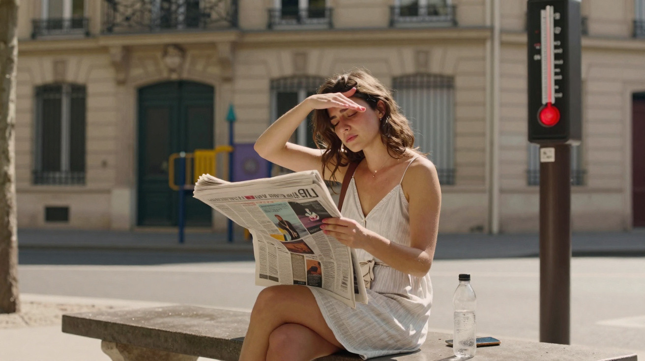 Mulher sentada num banco na rua, a ler jornal e a proteger os olhos do sol, com termómetro a indicar calor.