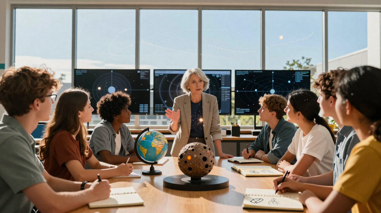 Professora explica astronomia a alunos numa sala com mapas celestes e globo terrestre sobre a mesa.