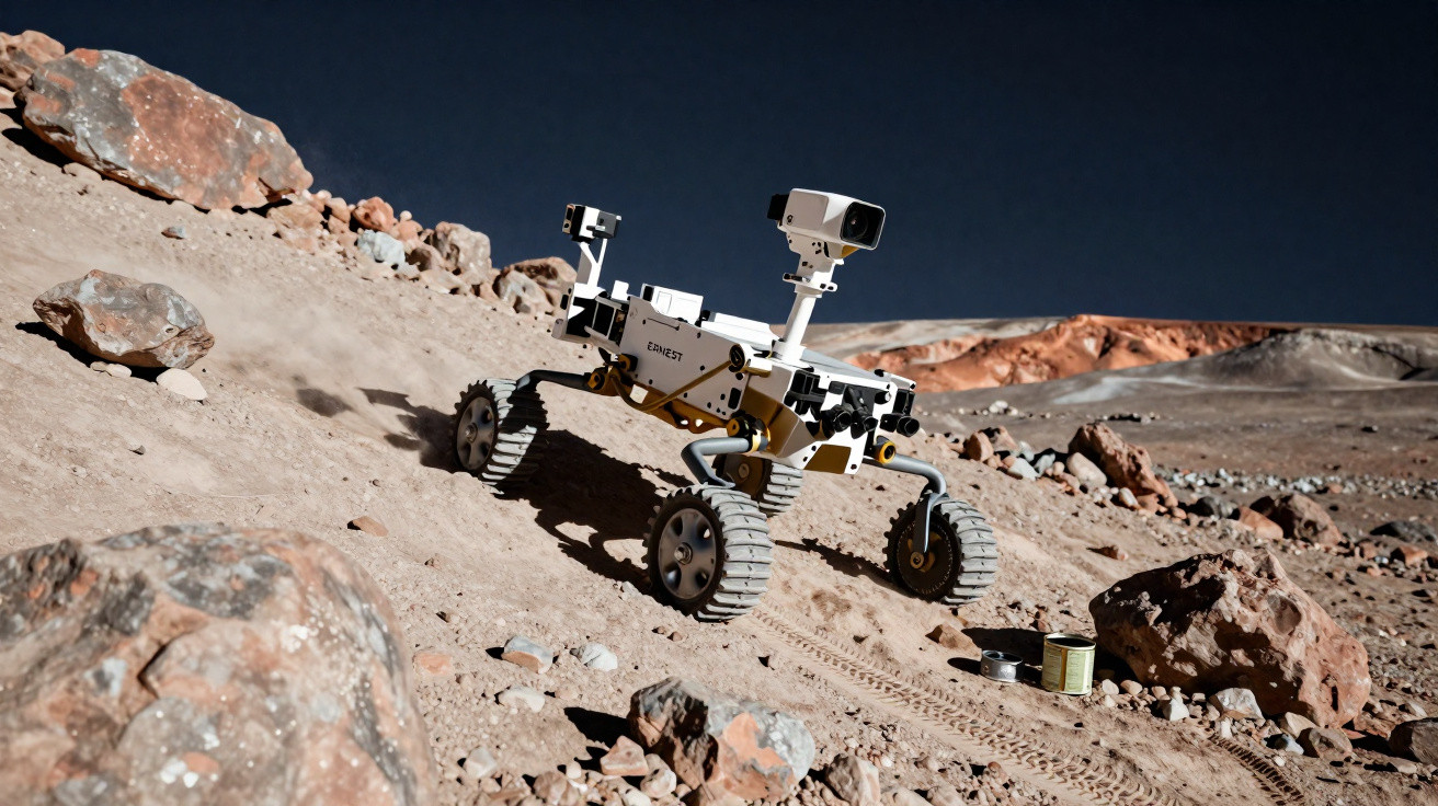 Rover robótico a explorar terreno rochoso seco com céu escuro ao fundo, simulando paisagem marciana.