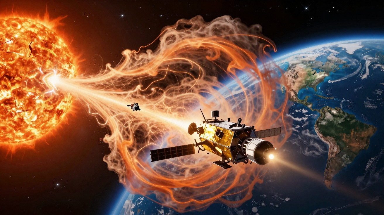 Satélite espacial próximo da Terra a analisar uma intensa tempestade solar emitida pelo Sol.
